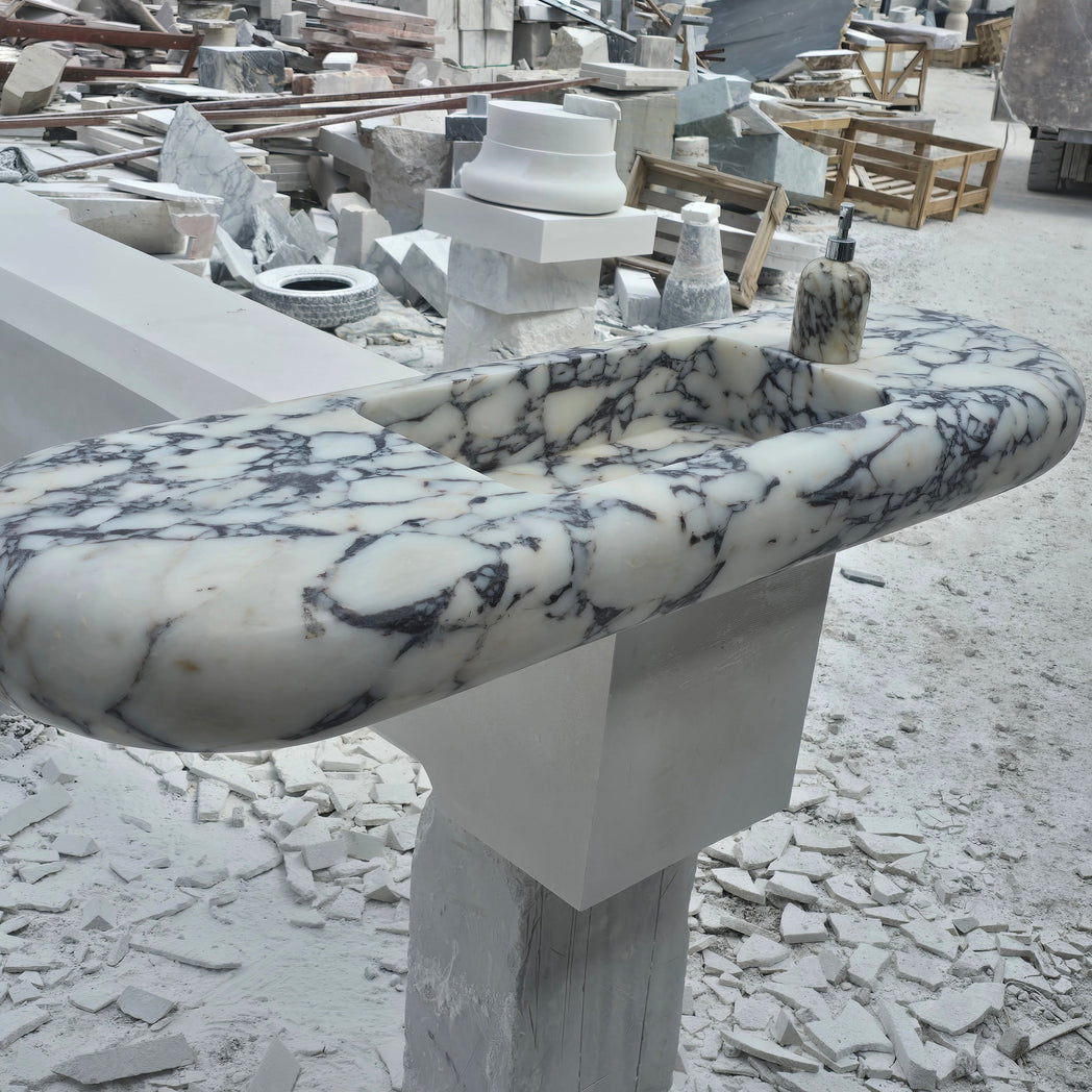 Large Hand-Carved Organic Marble Sink with Rounded Edges 60’’ – Floating Luxury Vanity