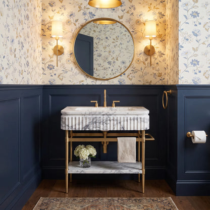 Legacy 30 inch Lilac marble bathroom vanity with sink and solid brass console legs in a luxury bathroom