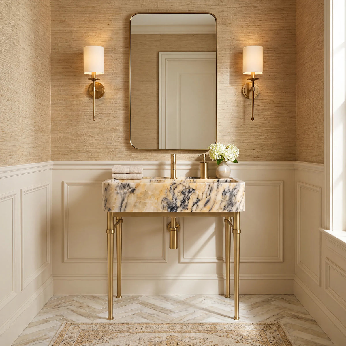 Livorno 30 inch Calacatta Viola marble bathroom vanity with sink and solid brass console legs in a luxury bathroom