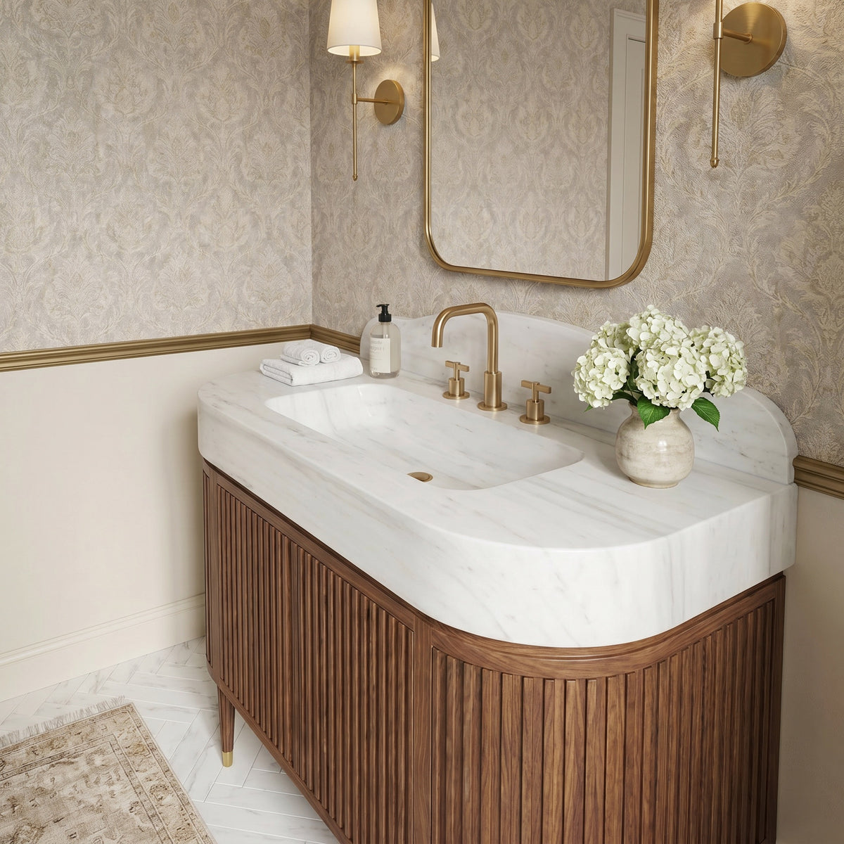 Lonsdale Carrara marble bathroom sink vanity with solid block sink, curved backsplash and handcrafted walnut cabinet