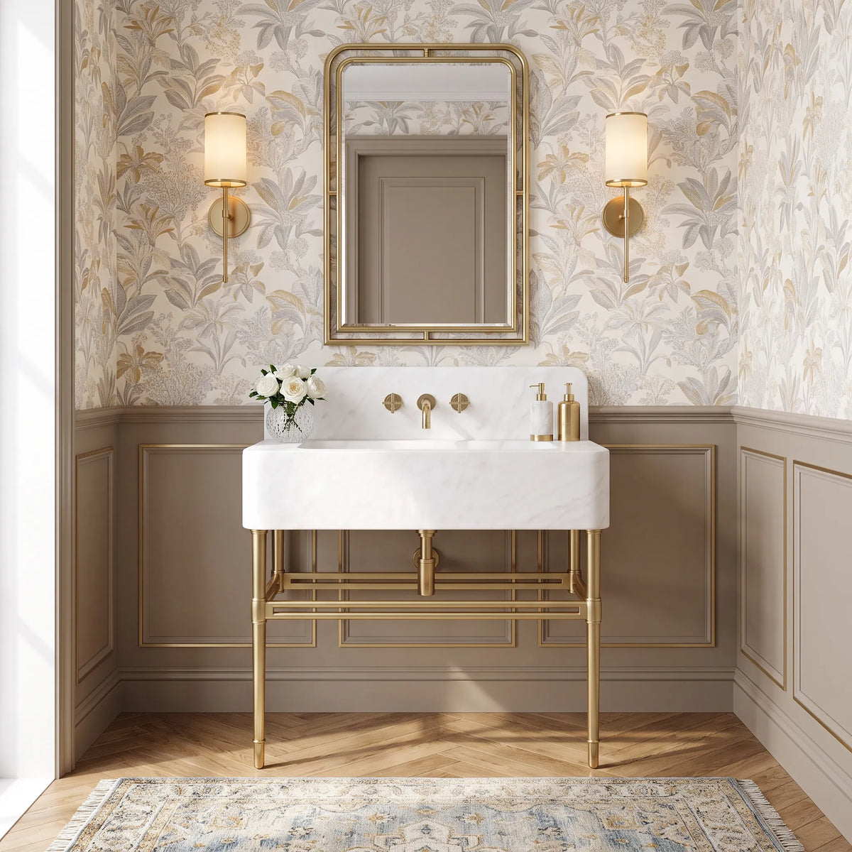 Lorenza 30 inch Calacatta White marble bathroom vanity sink with solid brass console legs