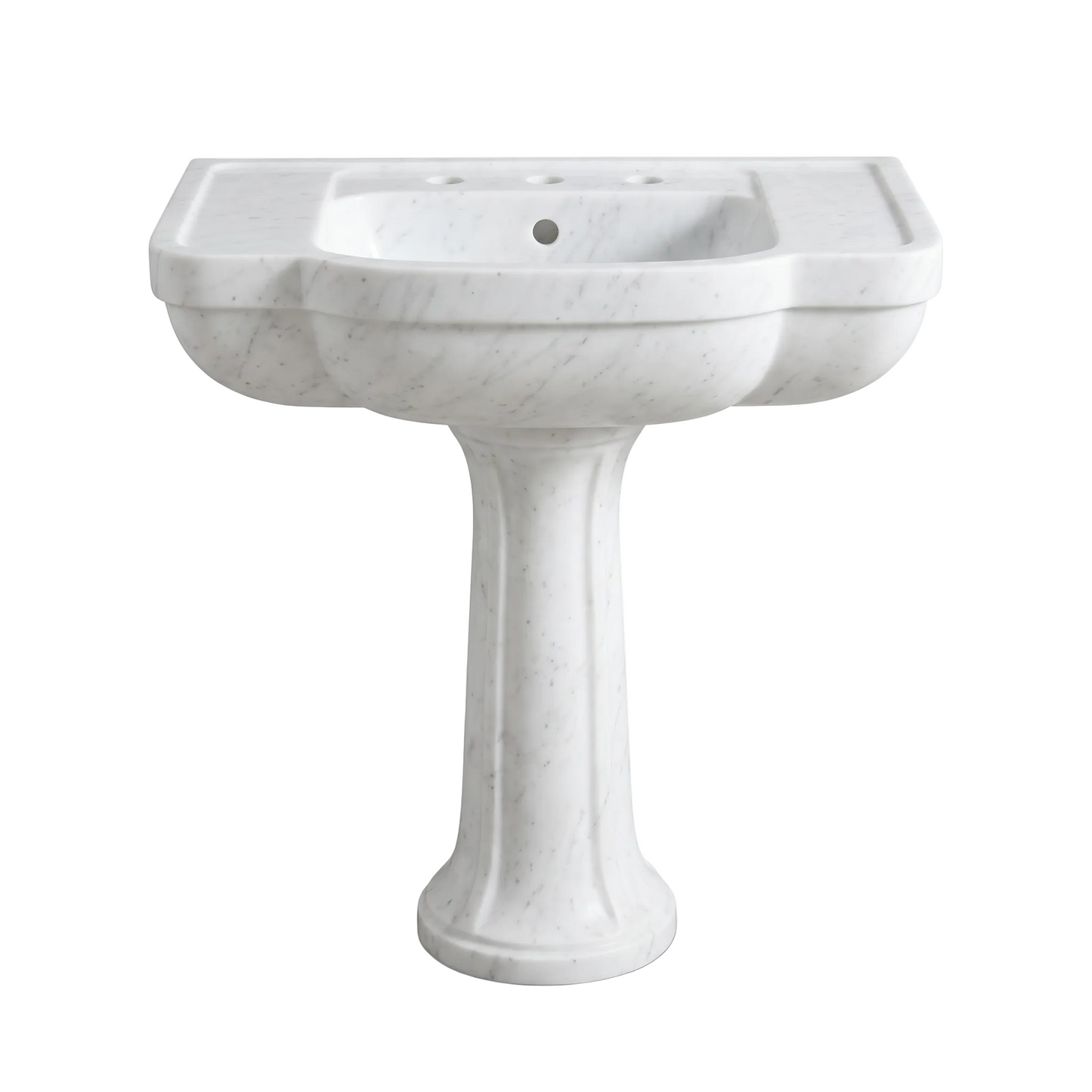 Lorenzo custom Carrara White marble pedestal bathroom sink with sculpted curved apron, tapered pedestal base, integrated side deck grooves, three faucet holes and overflow