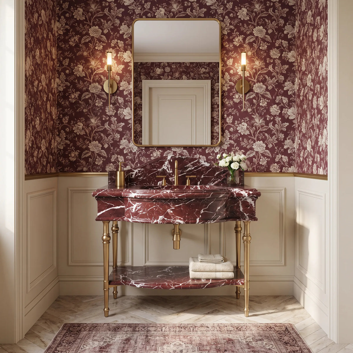 Lucca 30 inch Rosso Levanto marble bathroom vanity with sink and solid brass console legs in a luxury bathroom