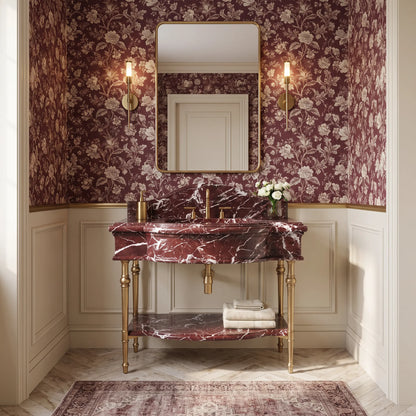 Lucca 30 inch Rosso Levanto marble bathroom vanity with sink and solid brass console legs in a luxury bathroom