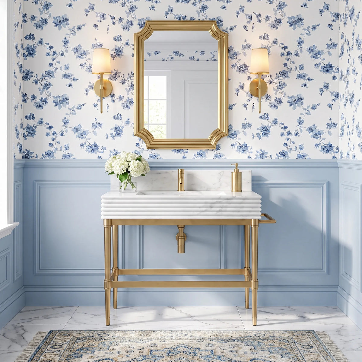 Lucerna 30 inch Carrara White marble bathroom vanity with sink and solid brass console legs in a luxury bathroom