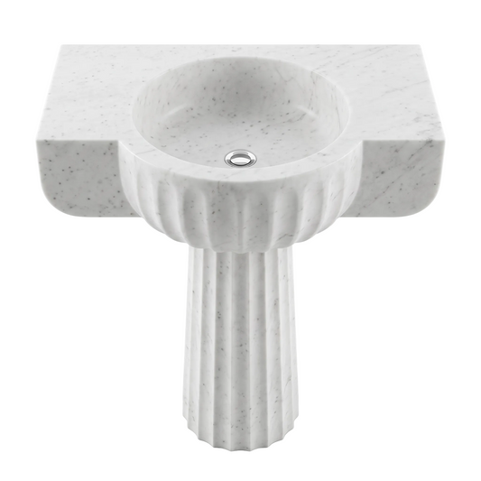 Lucerne custom Carrara White marble pedestal bathroom sink with integrated round carved basin, scalloped fluted front and matching fluted pedestal base with subtle natural gray veining