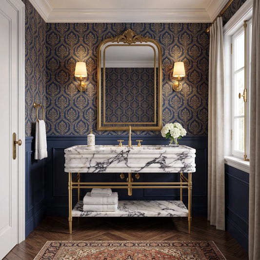 Lumina 30 inch Calacatta Viola marble bathroom vanity with sink and solid brass console legs in a luxury bathroom