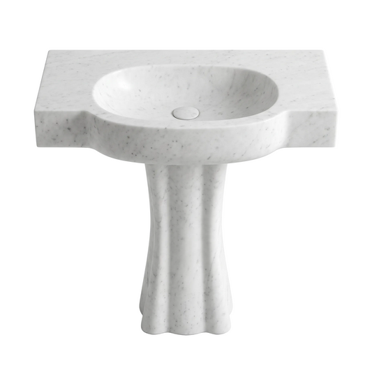 Lunara custom Carrara White marble pedestal bathroom sink with integrated oval basin, curved sculptural front and fluted pedestal base