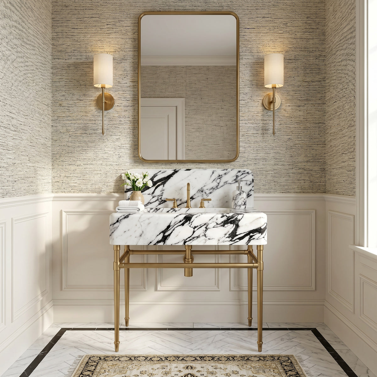 Lusso 30 inch Calacatta marble bathroom vanity with sink and solid brass console legs in a luxury bathroom