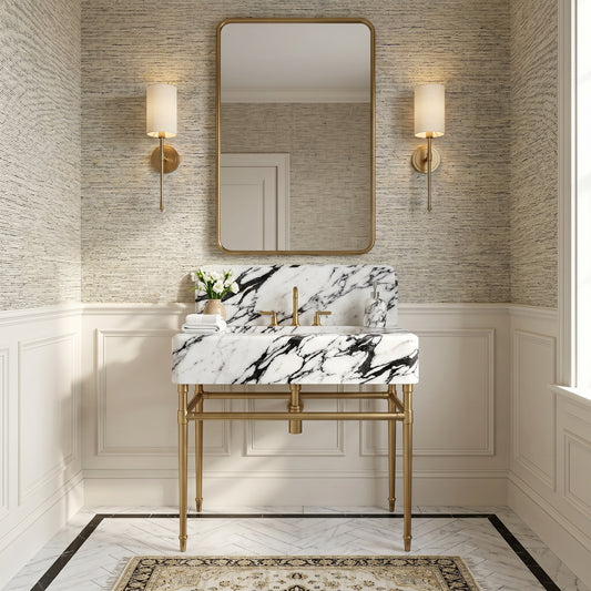 Lusso 30 inch Calacatta marble bathroom vanity with sink and solid brass console legs in a luxury bathroom
