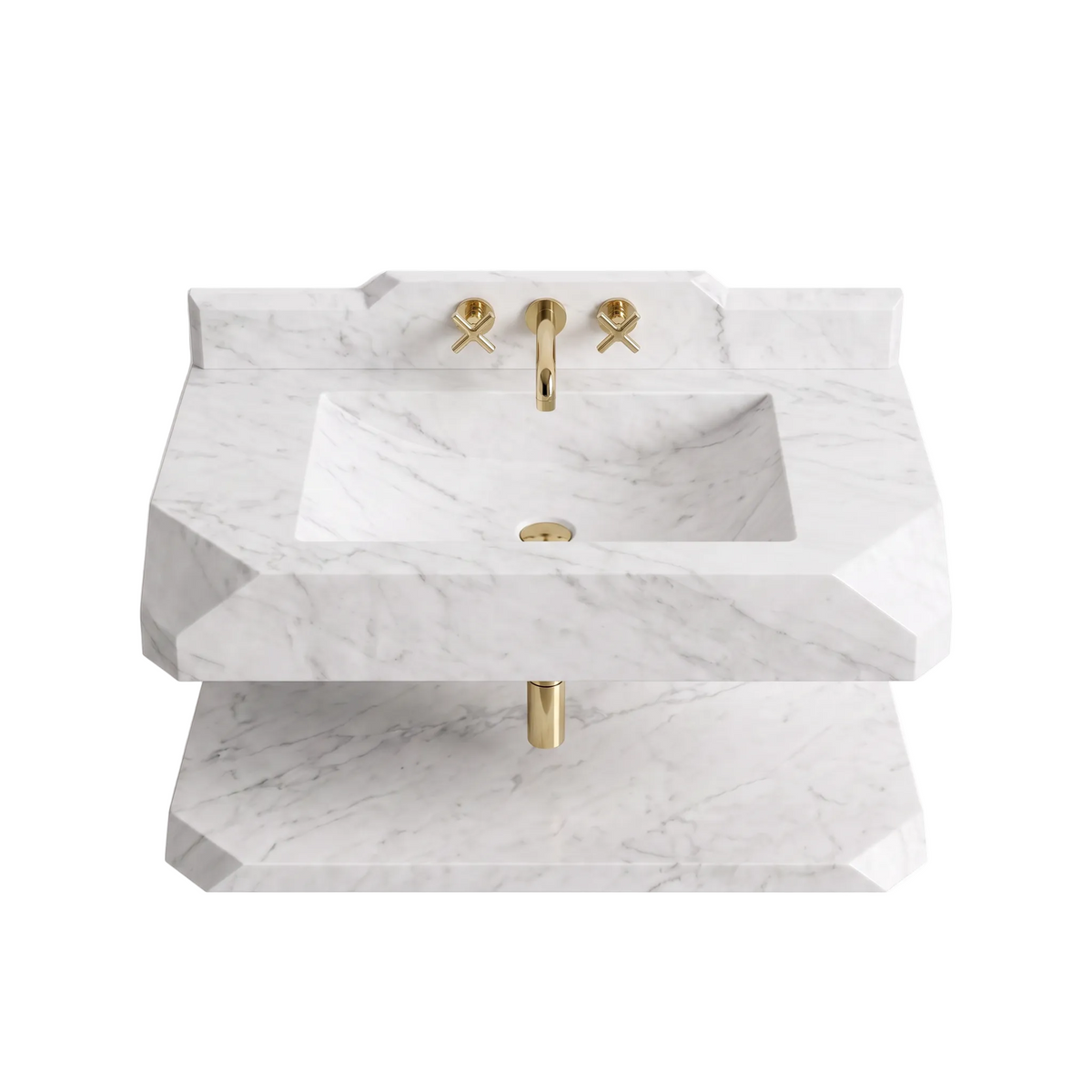 Madrid 30 inch Carrara White floating marble bathroom sink with matching backsplash and lower marble shelf