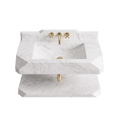 Madrid 30 inch Carrara White floating marble bathroom sink with matching backsplash and lower marble shelf
