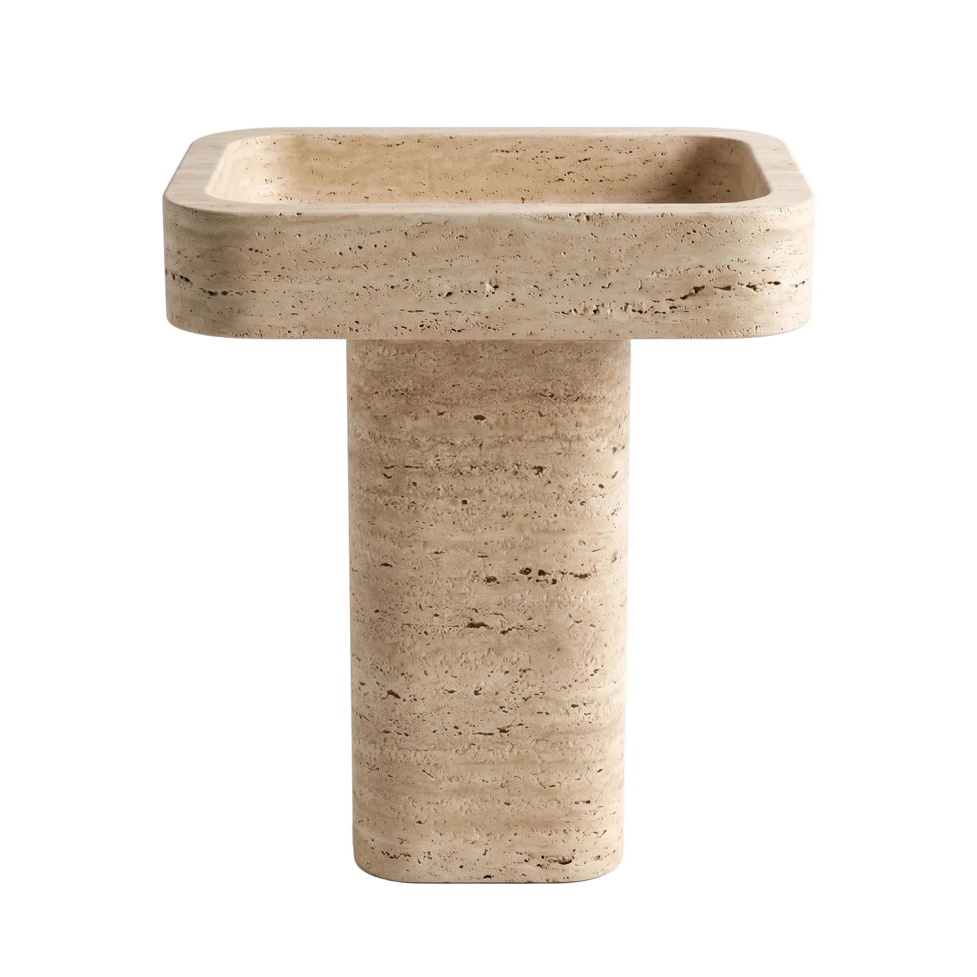 Marlowe natural travertine pedestal bathroom sink with rectangular carved basin, rounded corners and cylindrical base