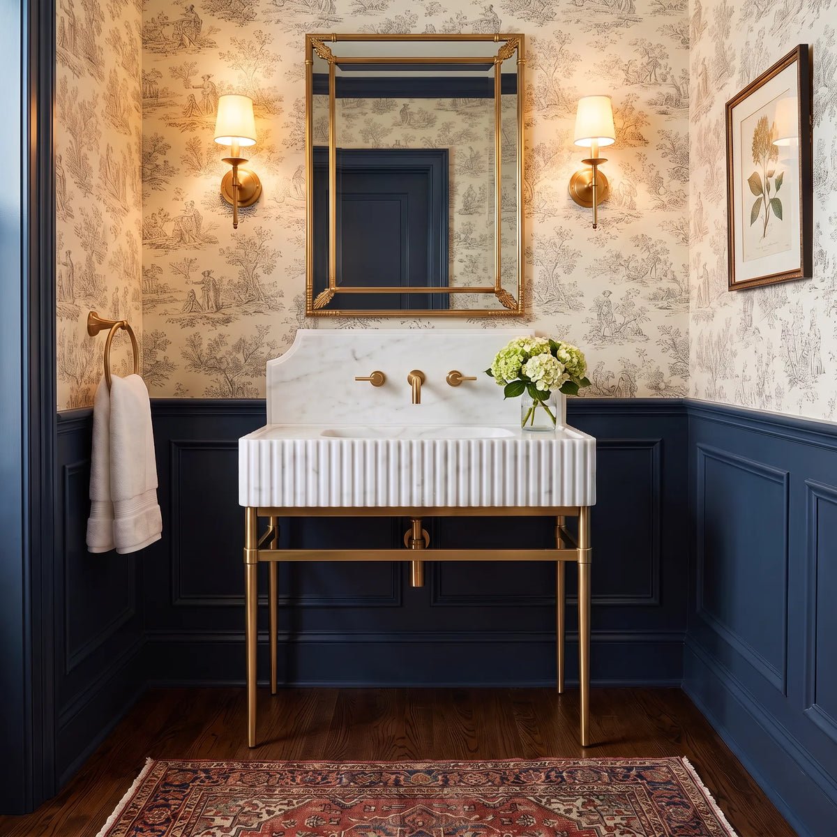 Matera 30 inch Carrara White marble bathroom vanity with sink and solid brass console legs in a luxury bathroom