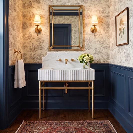 Matera 30 inch Carrara White marble bathroom vanity with sink and solid brass console legs in a luxury bathroom