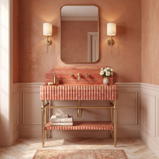 Memo 30 inch Red Travertine marble bathroom vanity with sink and solid brass console legs in a luxury bathroom