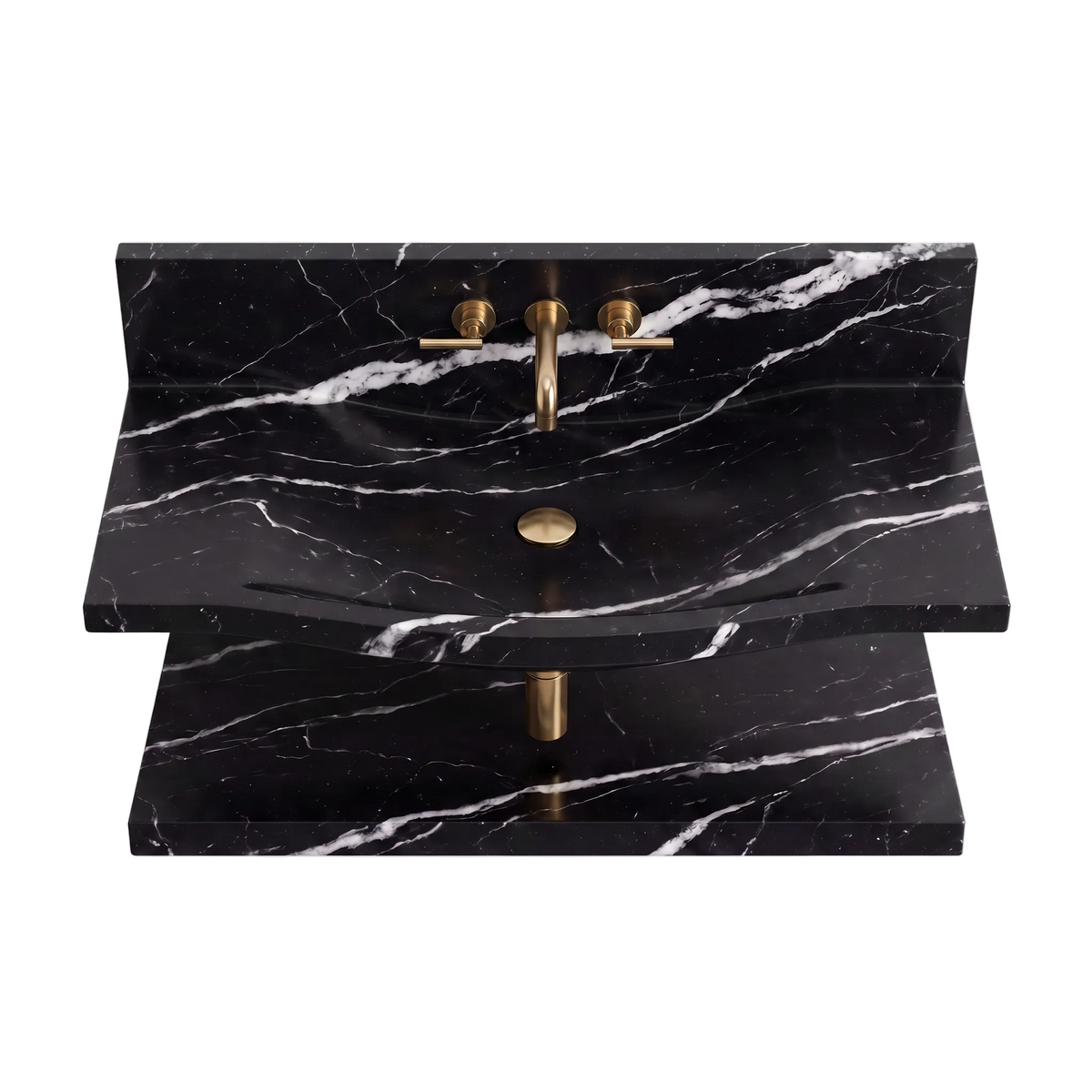 Merano 30 inch Nero Marquina floating marble bathroom sink with integrated basin and lower marble shelf
