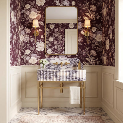 Milano 30 inch Calacatta Viola marble bathroom vanity with sink and solid brass console legs in a luxury bathroom
