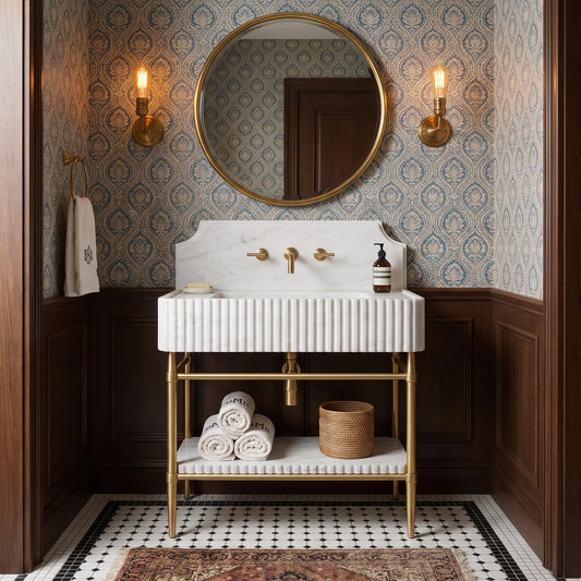 Monaco 30 inch Carrara White marble bathroom vanity sink with solid brass console legs in a luxury bathroom