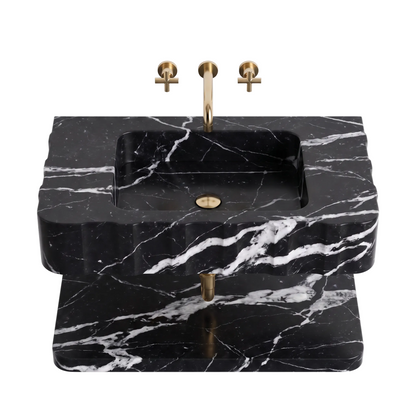 Monaco 30 inch Nero Marquina floating marble bathroom sink with lower marble shelf