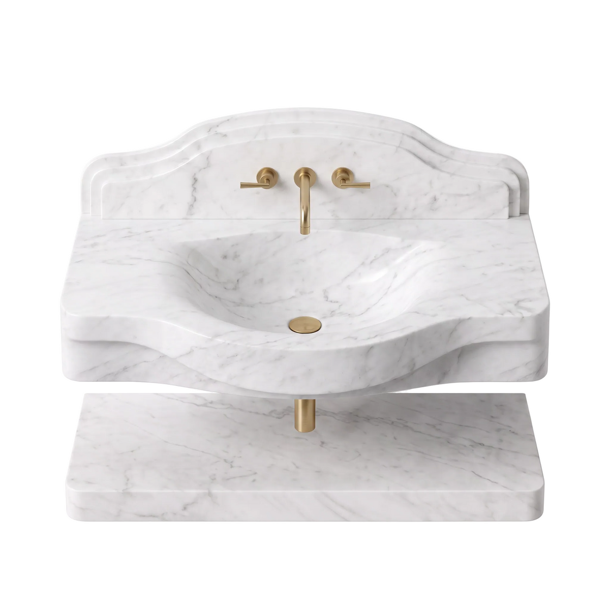 Montana 30 inch Carrara White floating marble bathroom sink with matching backsplash and lower marble shelf