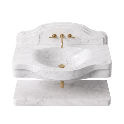 Montana 30 inch Carrara White floating marble bathroom sink with matching backsplash and lower marble shelf