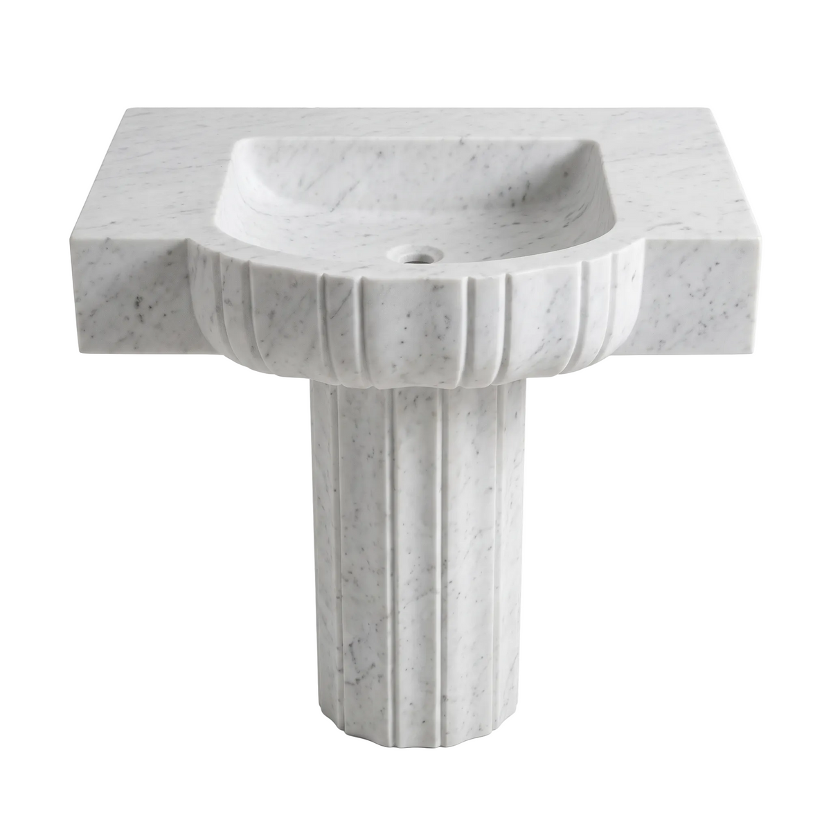 Montclair custom Carrara White marble pedestal bathroom sink with carved rectangular basin, fluted front apron and fluted pedestal base