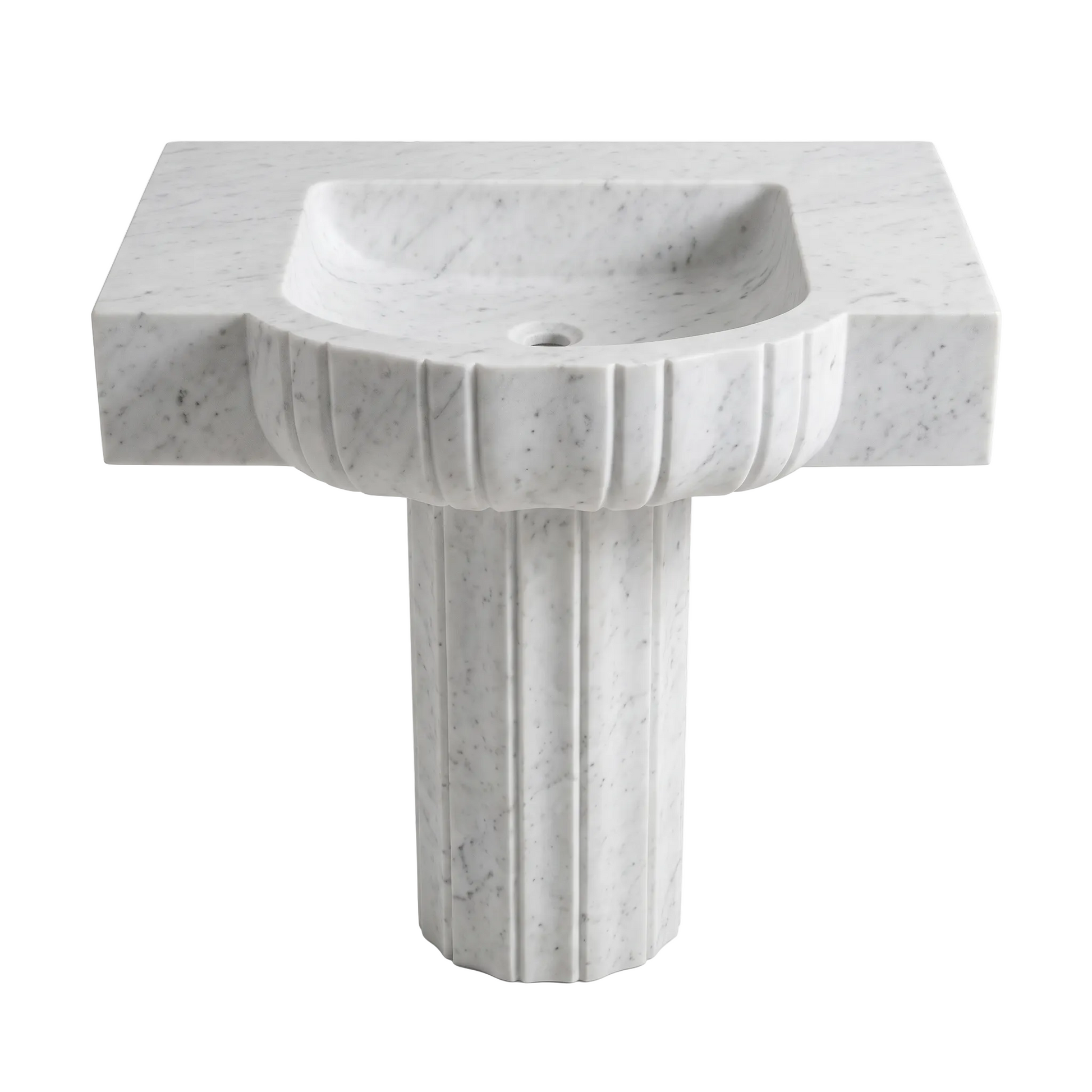 Montclair custom Carrara White marble pedestal bathroom sink with carved rectangular basin, fluted front apron and fluted pedestal base