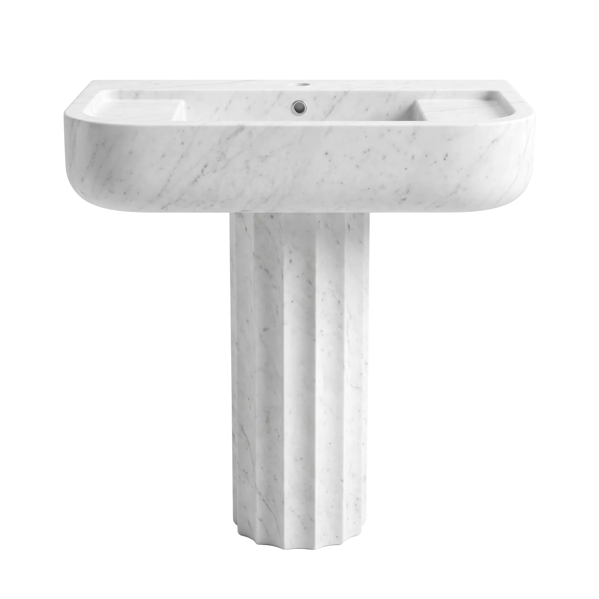 Monteluce custom Carrara White marble pedestal bathroom sink with wide integrated basin, rounded thick apron, side deck areas and sculpted fluted pedestal