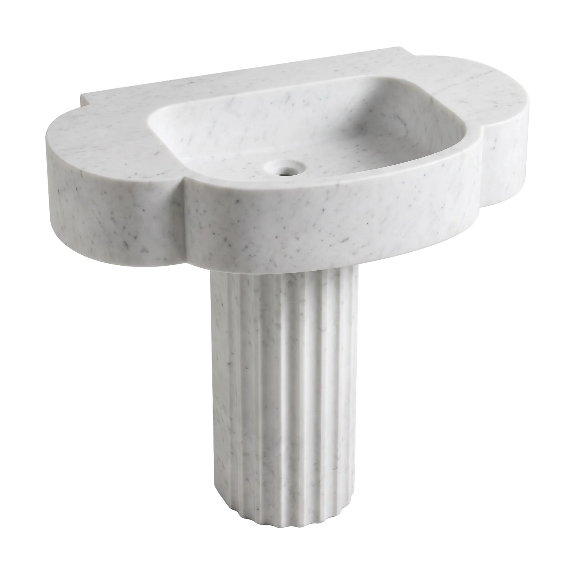 Monteluce custom Carrara White marble pedestal bathroom sink with integrated basin, rounded sculptural apron and fluted pedestal base