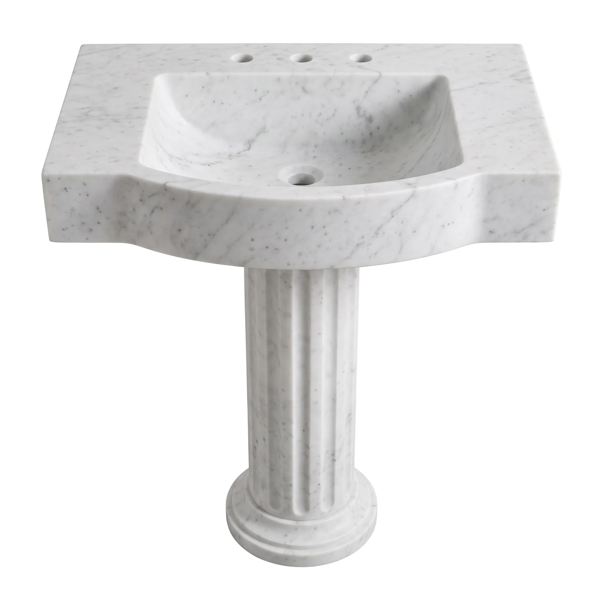 Monteluce custom Carrara White marble pedestal bathroom sink with integrated basin, sculpted curved front apron, fluted column pedestal and three faucet holes