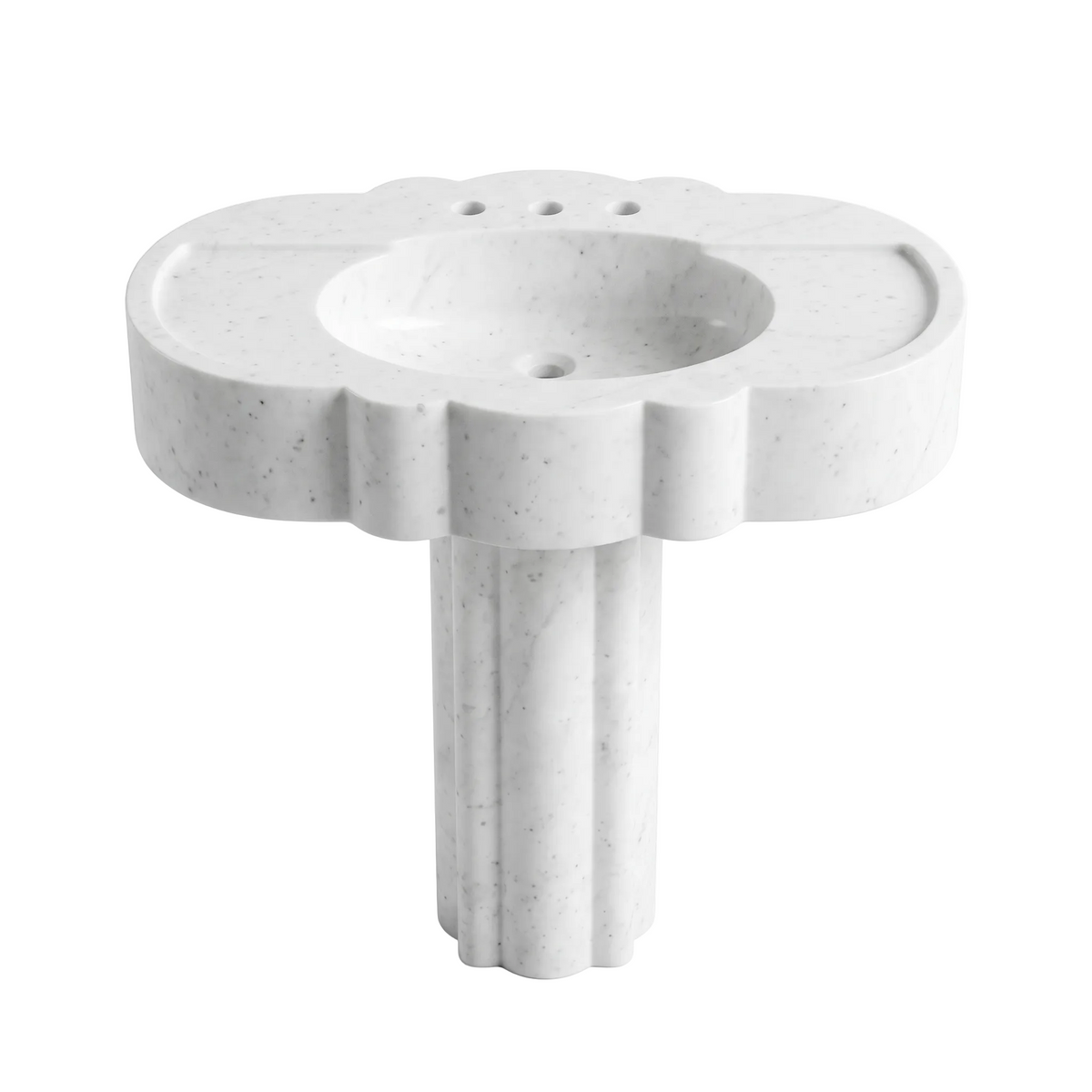 Monteluce custom Carrara White marble pedestal bathroom sink with scalloped sculptural edges, integrated oval basin, three faucet holes and carved pedestal base
