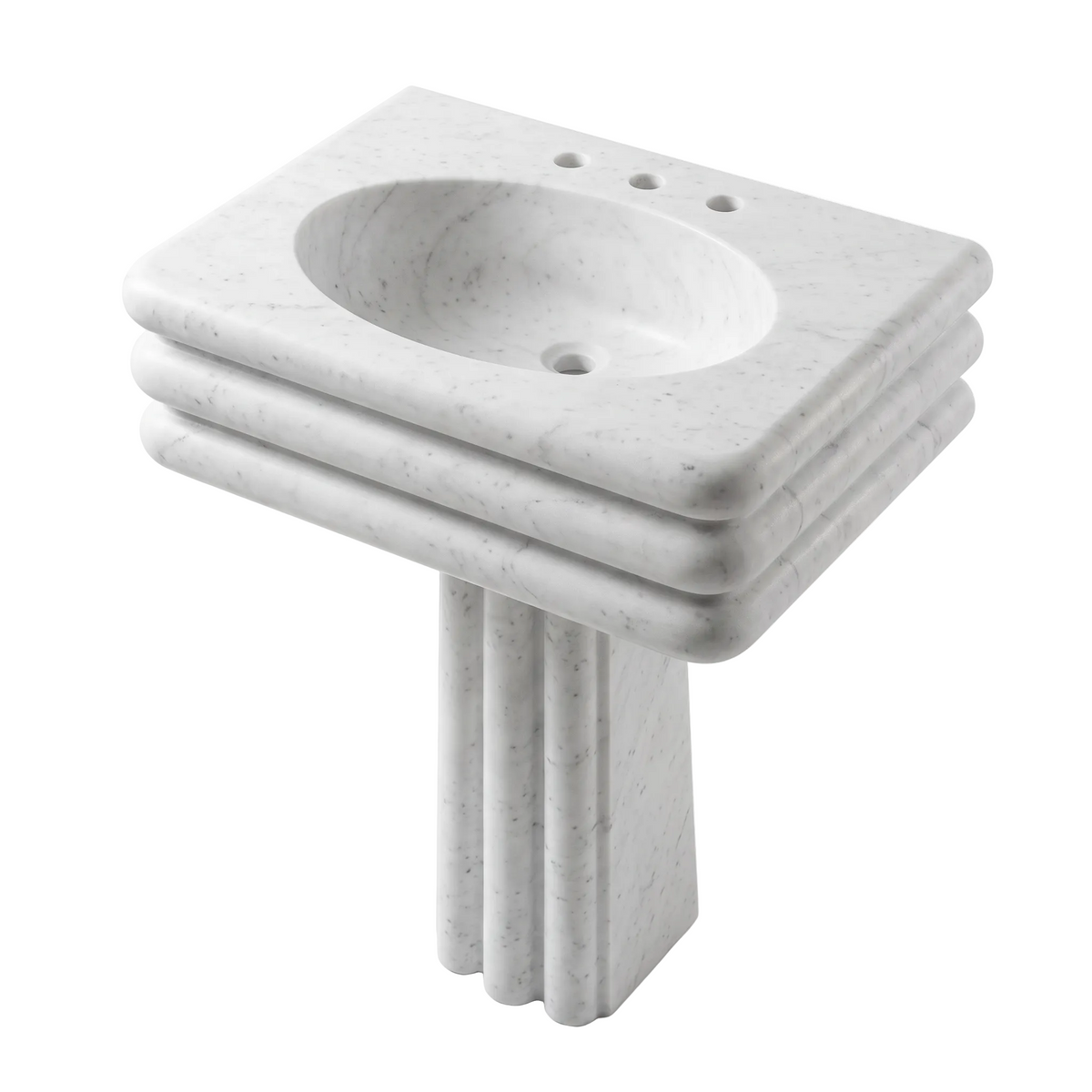Montreux custom Carrara White marble pedestal bathroom sink with integrated oval basin, triple layered rounded apron and fluted pedestal base