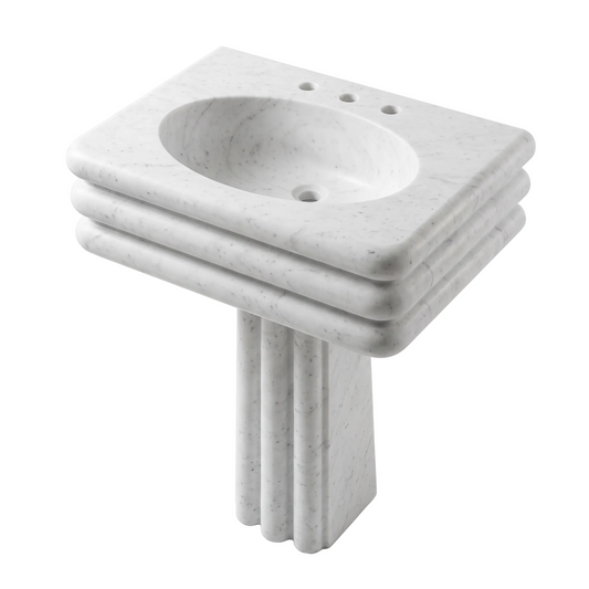 Montreux custom Carrara White marble pedestal bathroom sink with integrated oval basin, triple layered rounded apron and fluted pedestal base