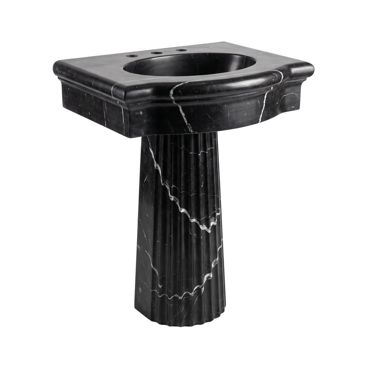 Montreux custom Nero Marquina marble pedestal bathroom sink with integrated basin, sculpted front edge, fluted pedestal and natural white veining