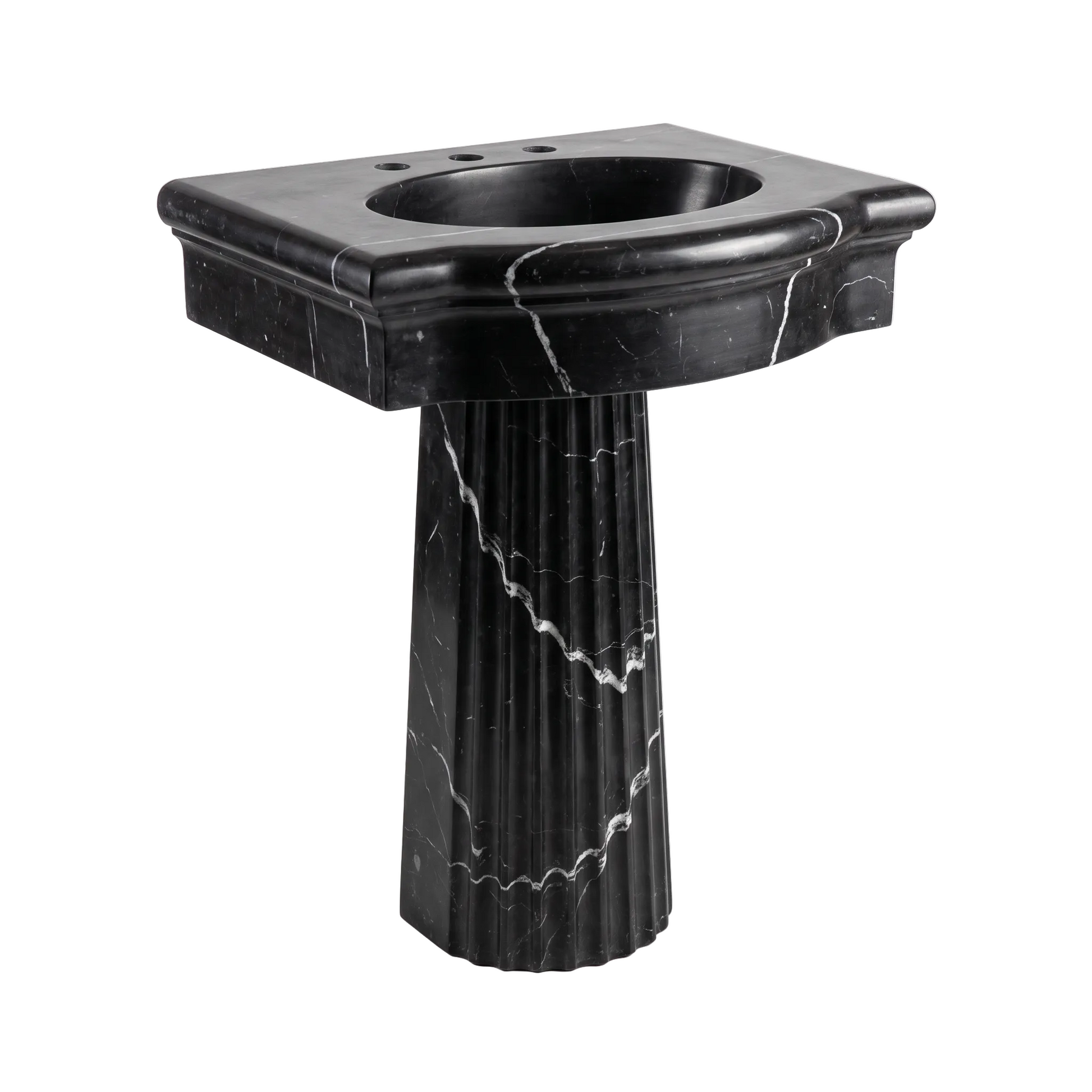 Montreux custom Nero Marquina marble pedestal bathroom sink with integrated basin, sculpted front edge, fluted pedestal and natural white veining