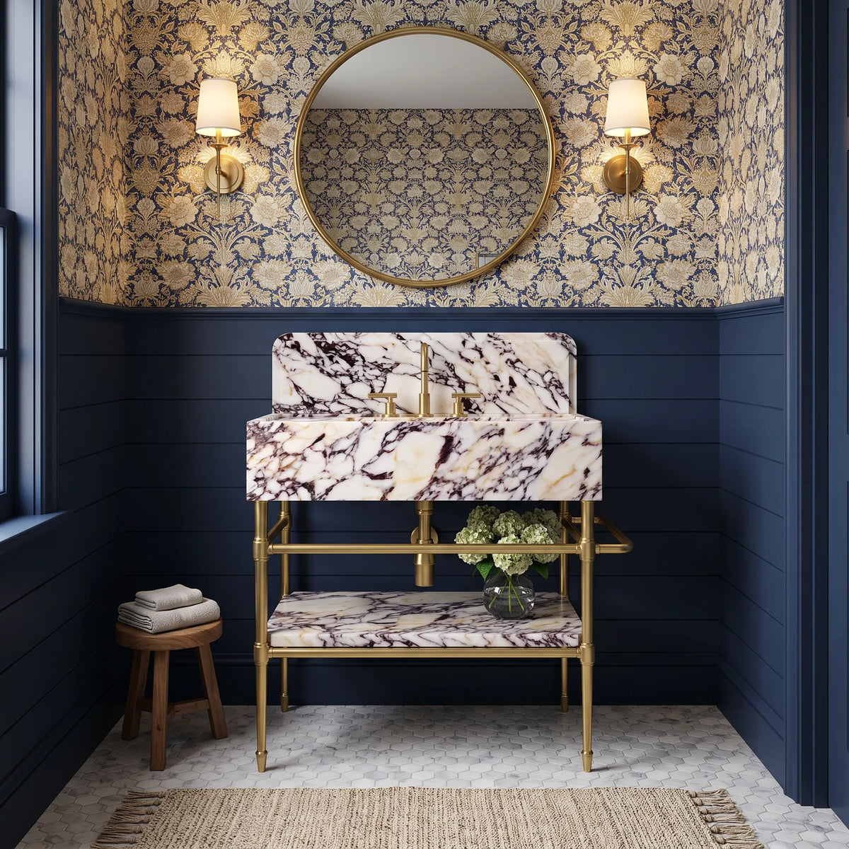 Monument 30 inch Calacatta Viola marble bathroom vanity with sink and solid brass console legs in a luxury bathroom