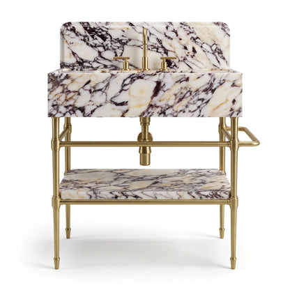 Monument 30 inch Calacatta Viola marble bathroom vanity with sink, solid brass console legs and matching marble shelf