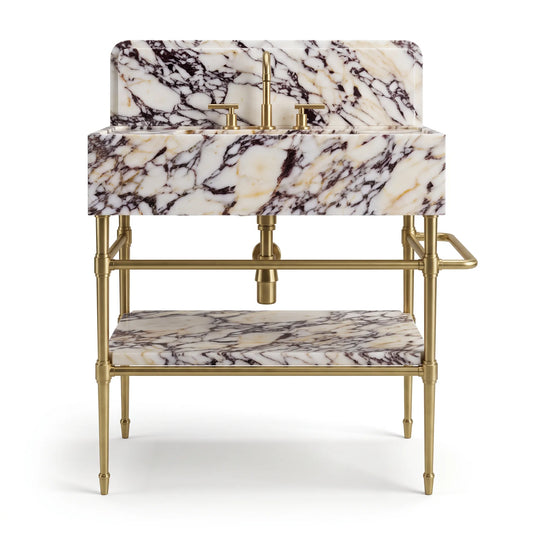 Monument 30 inch Calacatta Viola marble bathroom vanity with sink, solid brass console legs and matching marble shelf