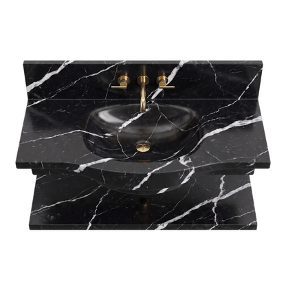 Monza 30 inch Nero Marquina floating marble bathroom sink with integrated basin and lower marble shelf