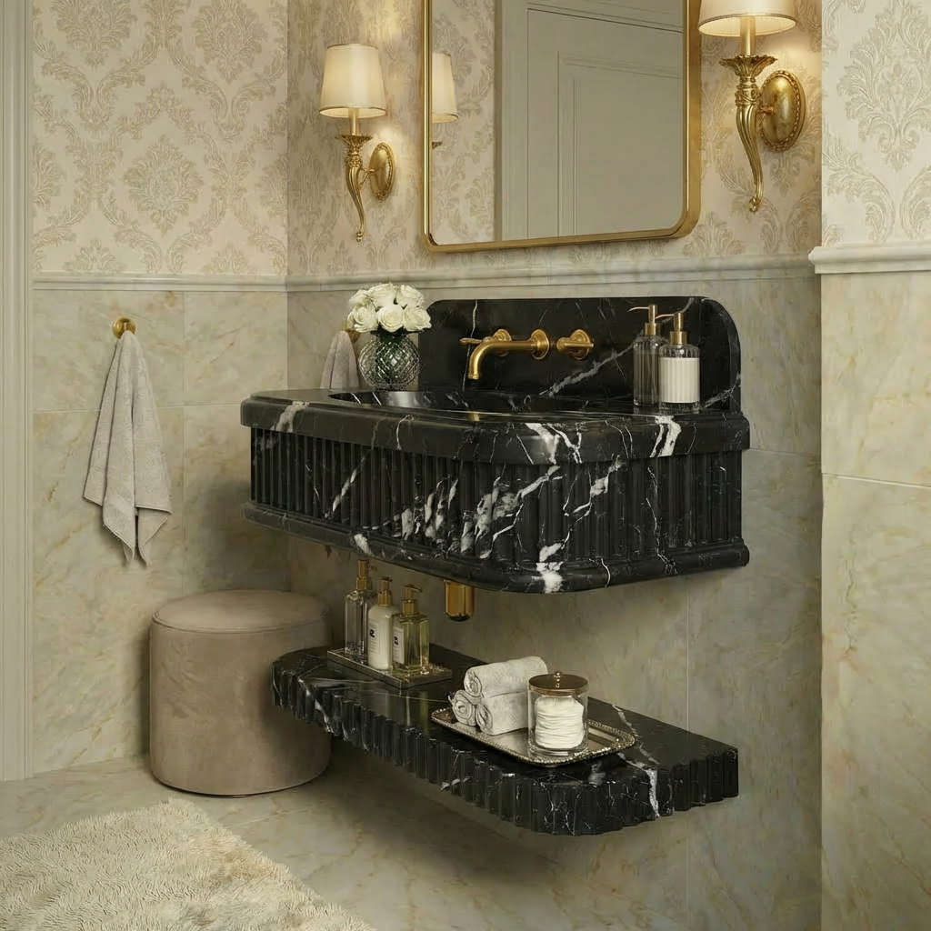 Nero Marquina Marble Sink 30x16x8 with 8 Backsplash
