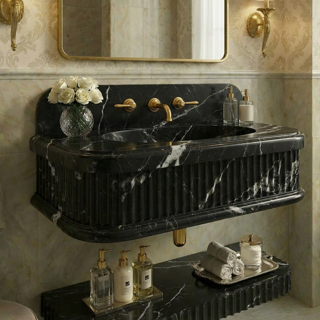 Nero Marquina Marble Sink 30x16x8 with 8 Backsplash