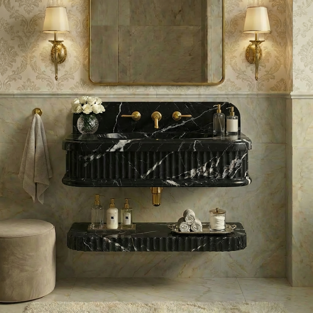 Nero Marquina Marble Sink 30x16x8 with 8 Backsplash