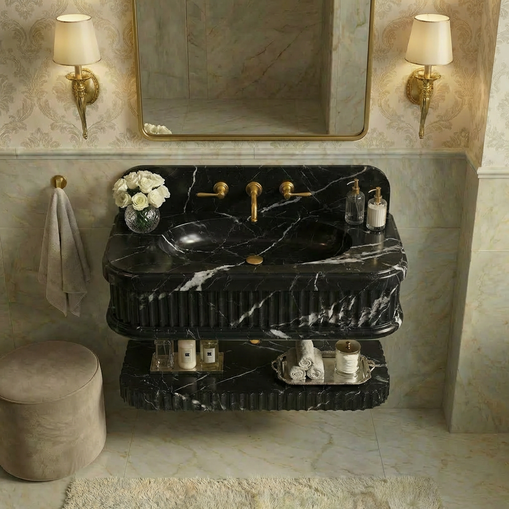 Nero Marquina Marble Sink 30x16x8 with 8 Backsplash