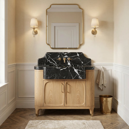 Custom Nero Marquina marble bathroom sink vanity with matching backsplash and natural oak cabinet