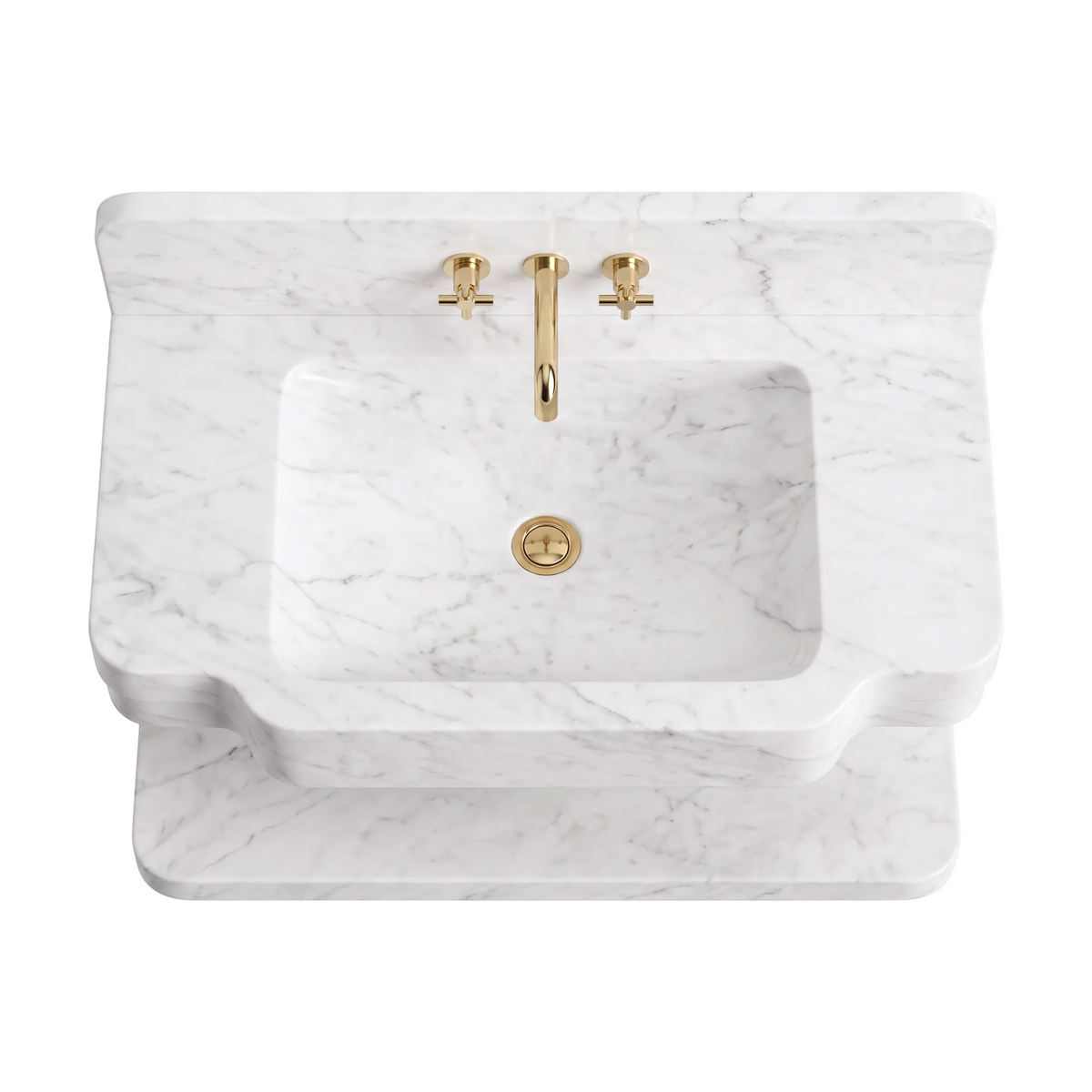 Nevada 30 inch Carrara White floating marble bathroom sink with matching backsplash and lower marble shelf