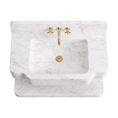 Nevada 30 inch Carrara White floating marble bathroom sink with matching backsplash and lower marble shelf