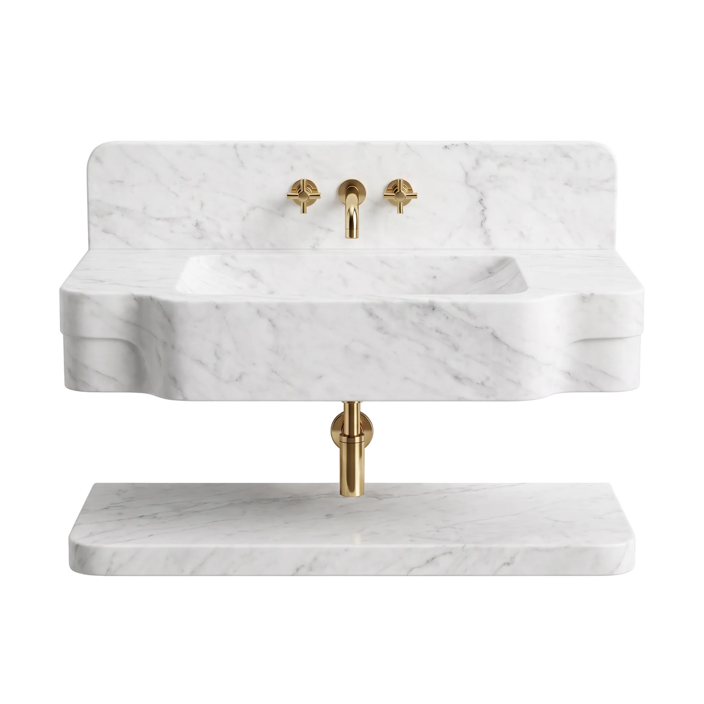 Nevada 30 inch Carrara White wall mounted marble bathroom sink with backsplash and floating marble shelf