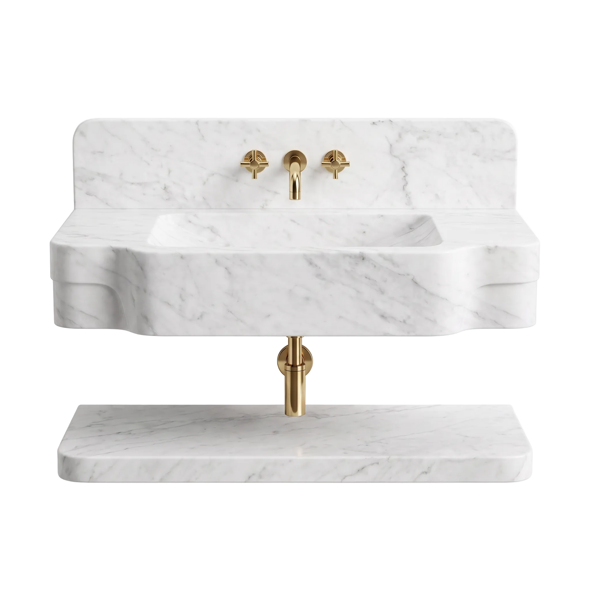Nevada 30 inch Carrara White wall mounted marble bathroom sink with backsplash and floating marble shelf