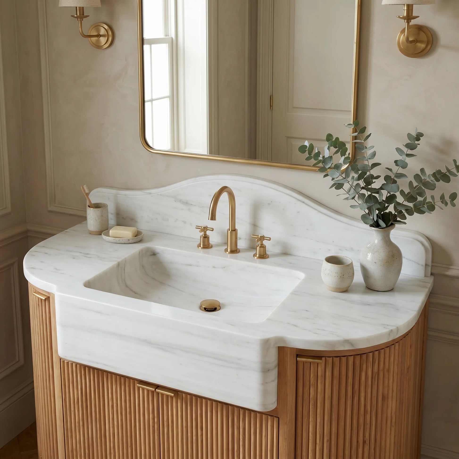 Norbourne custom marble bathroom vanity in Carrara White with integrated sink, scalloped backsplash and fluted oak cabinet